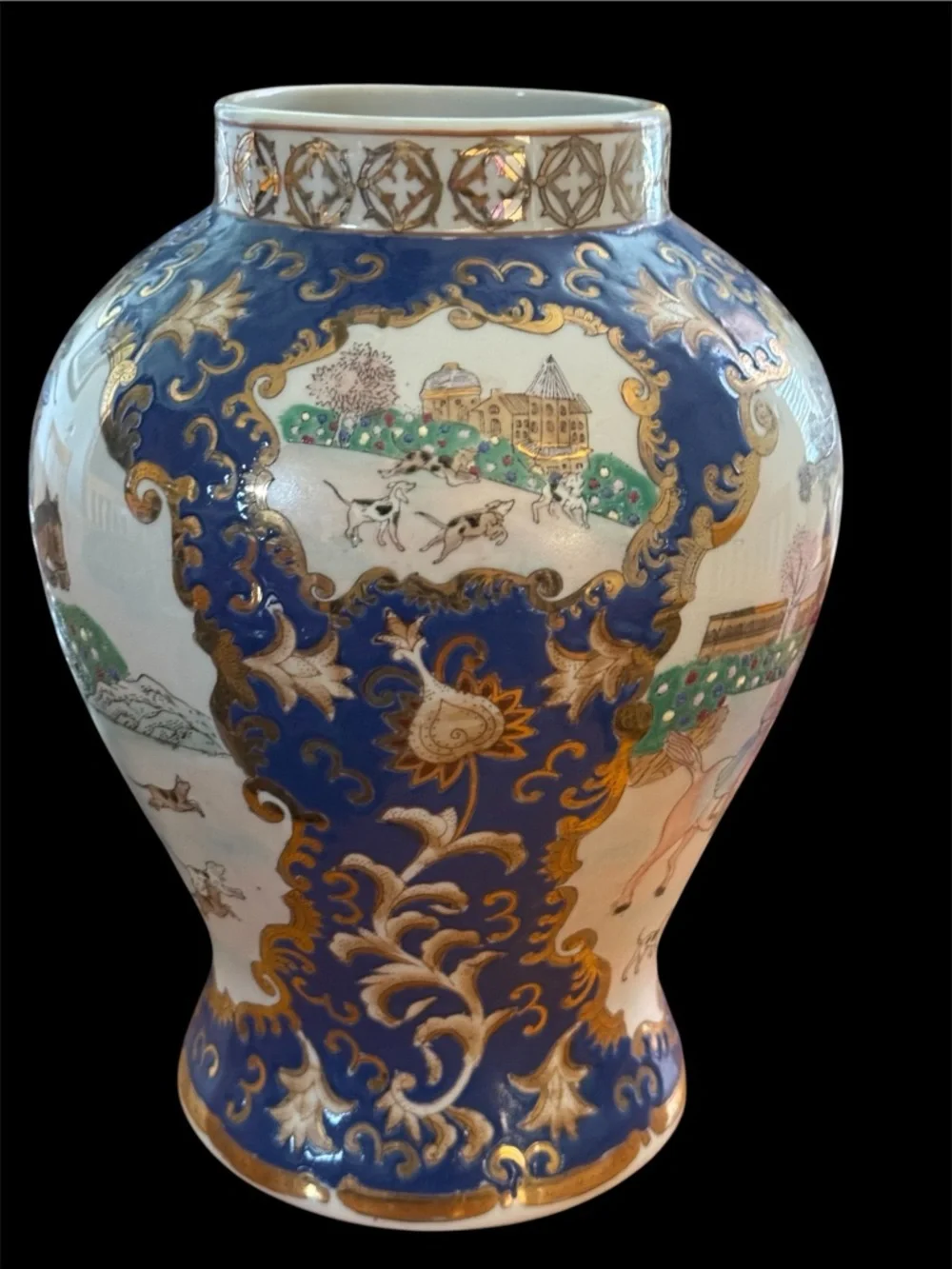 1940’s Blue, Gold & White Porcelain, Vintage WBI Jar with Hand-Painted Scene